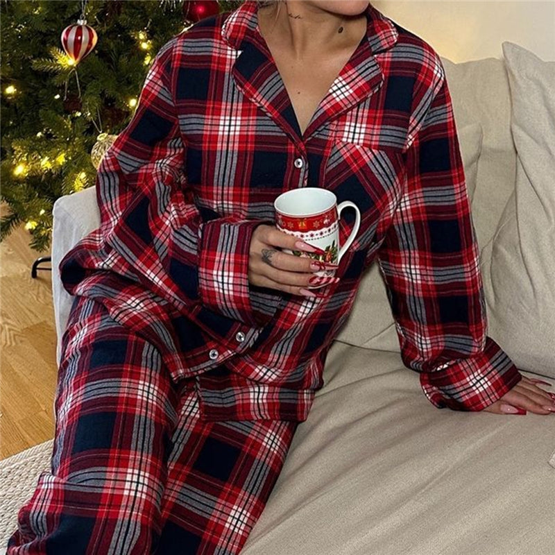 Women Fashion Casual Plaid Printe Lapel Long-Sleeve Blouse Loose Pants Pajamas Two-Piece Set
