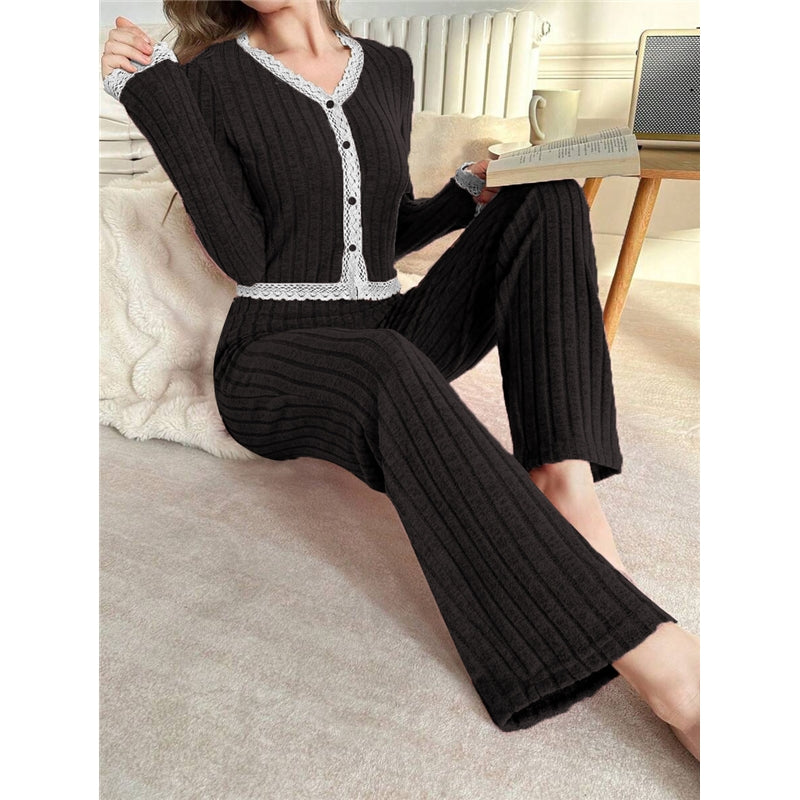 Women Fashion Autumn And Winter Lace Stitching V-Neck Long-Sleeve Top Loose Pants Pajamas Two-Piece Set