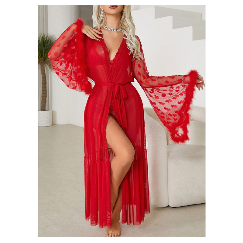 Women Fashion Sexy Heart Shaped Mesh Feather Long Sleeve Home Pajamas