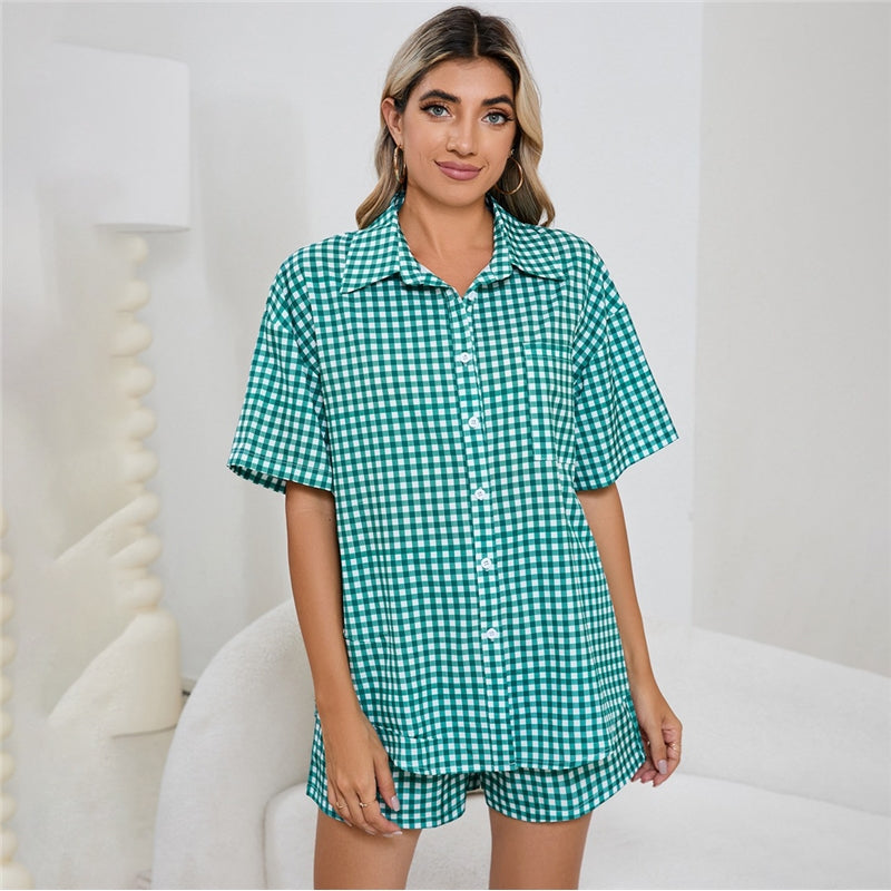 Women Fashion Casual Plaid Printed Lapel Short-Sleeve Blouse High Waist Loose Shorts Pajamas Two-Piece Set
