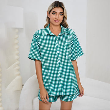 Women Fashion Casual Plaid Printed Lapel Short-Sleeve Blouse High Waist Loose Shorts Pajamas Two-Piece Set