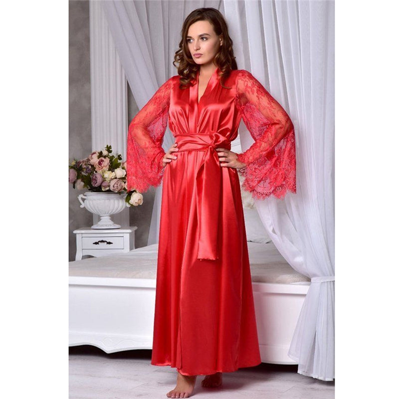 Women Fashion Sexy Imitation Ice Silk Lace Splicing Long-Sleeve Lace-Up Pajamas