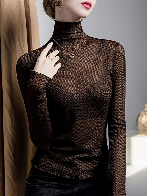 Long Sleeves Plus Size Mesh See-Through Slightly Sheer Split-Joint High Neck T-Shirts