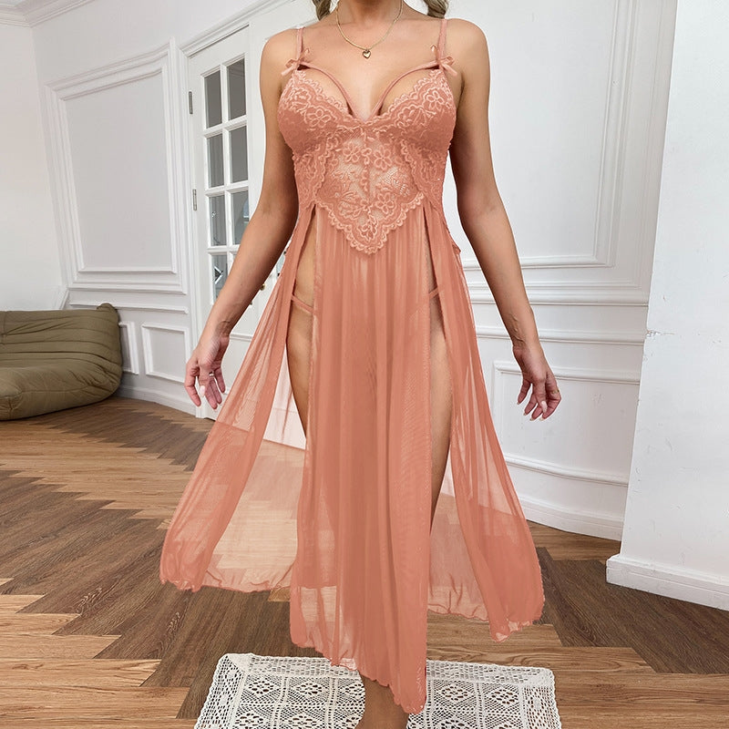 Women Fashion Sexy Deep V Lace Mesh Split Home Pajamas Set