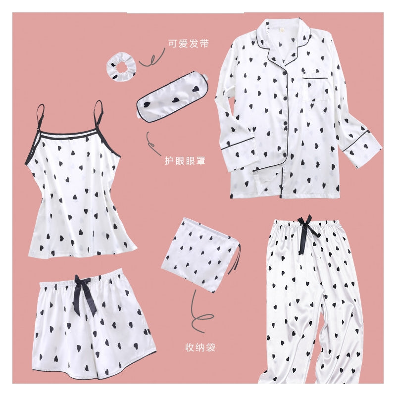 Women Simple Casual Stripe Printed Thin Pajamas Seven-Piece Set