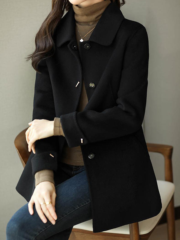 Long Sleeves Loose Buttoned Pockets Solid Color Lapel Woolen Coat