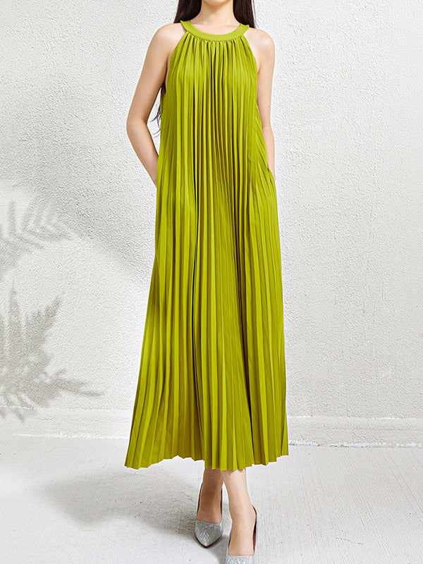 Loose Sleeveless Hollow Pleated Pockets Solid Color Halter-Neck Maxi Dresses