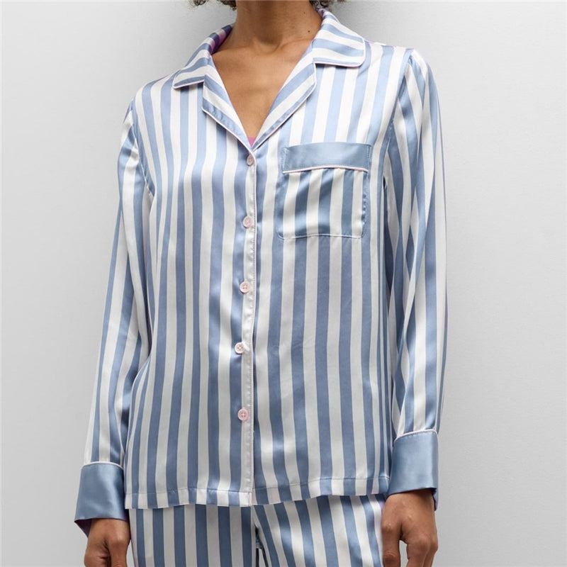 Women Fashion Casual Stripe Lapel Long Sleeve Top Loose Pants Pajamas Two-Piece Set