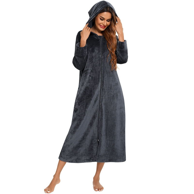 Winter Women Fashion Solid Color Zipper Long Sleeve Flannel Pajamas