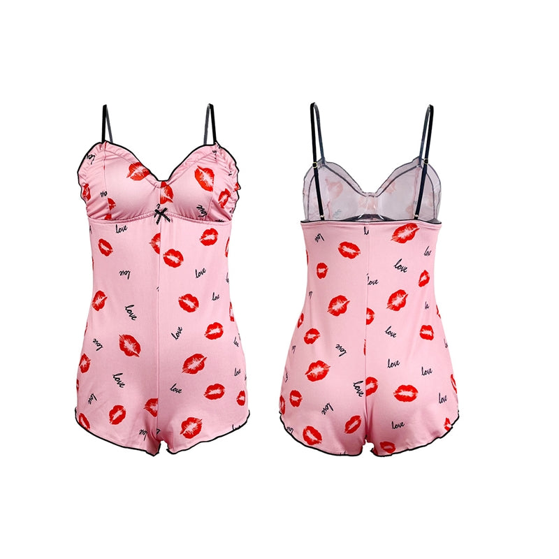 Wiomen Fashion Sexy Love Print V-Neck Spaghetti Strap One-Piece Pajamas