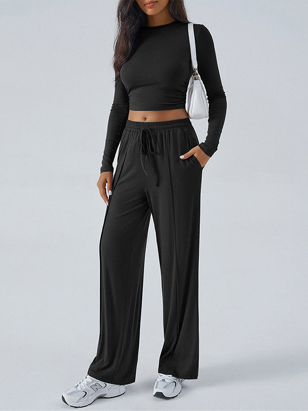 Long Sleeves Loose Solid Color Round-Neck T-Shirt Top + Drawstring Elasticity Pockets Pants Bottom Two Pieces Set