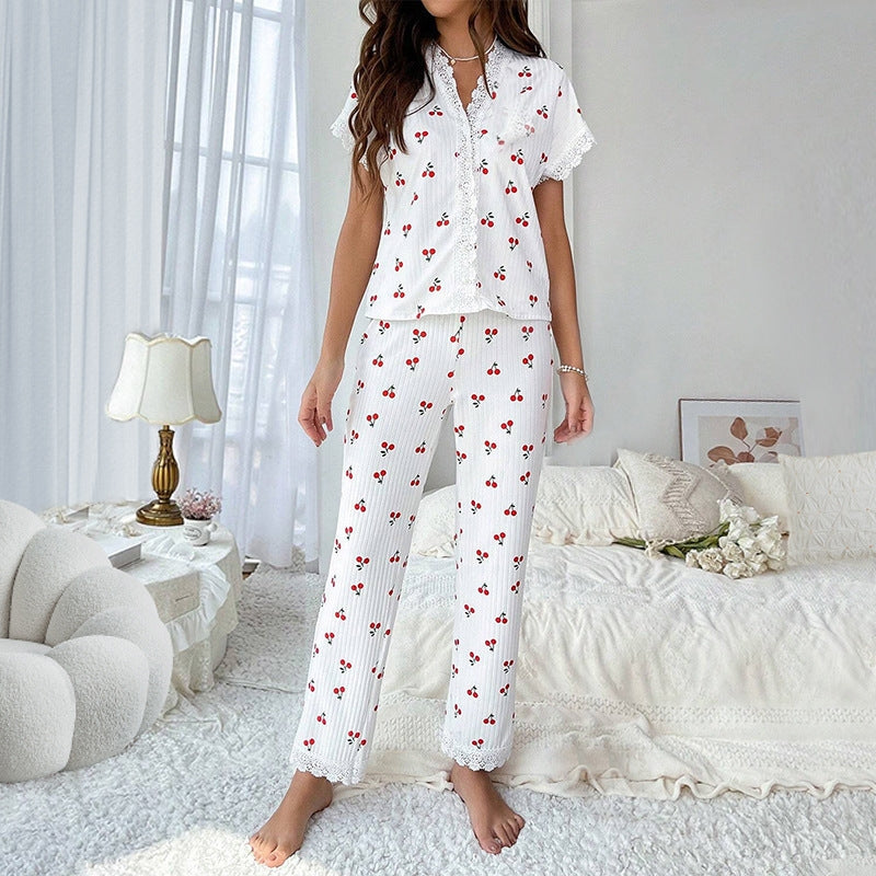 Women Casual Cherry Printed Lace Long-Sleeve Lapel Top Loose Pants Pajamas Set