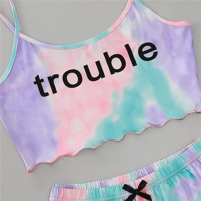 Women Fashion Tie-Dye Letter-Printed Camisole Loose Shorts Pajamas Two-Piece Set