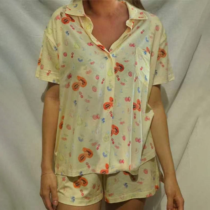 Women Fashion Casual Floral Printed Short-Sleeve Blouse Loose Shorts Pajamas Two-Piece Set