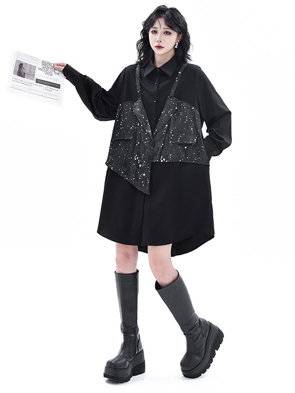 False Two Hipster Asymmetric Split-Joint Textured Lapel Collar Mini Dresses