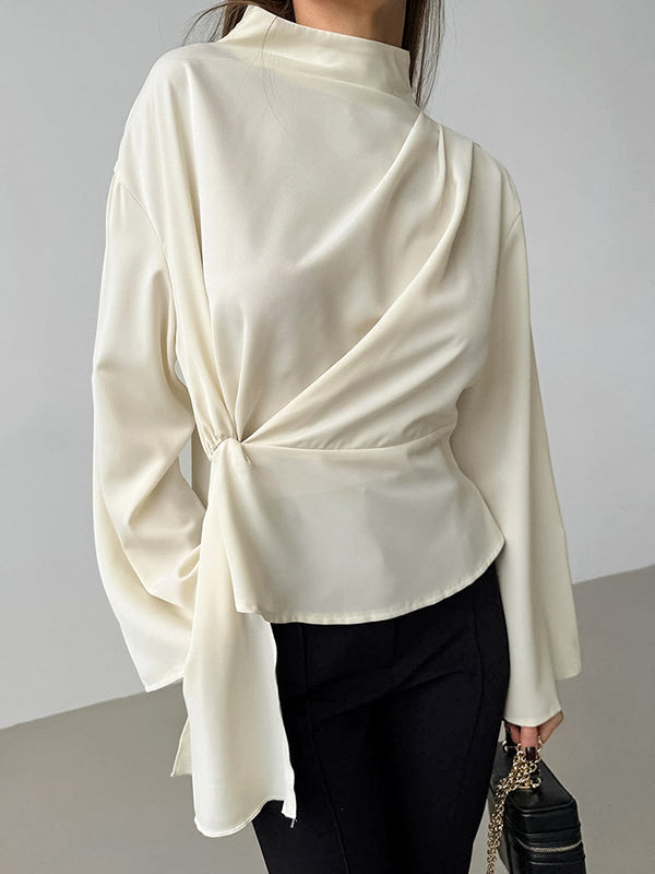 Flared Sleeves Long Sleeves Pleated Solid Color Zipper Stand Collar Blouses&Shirts Tops