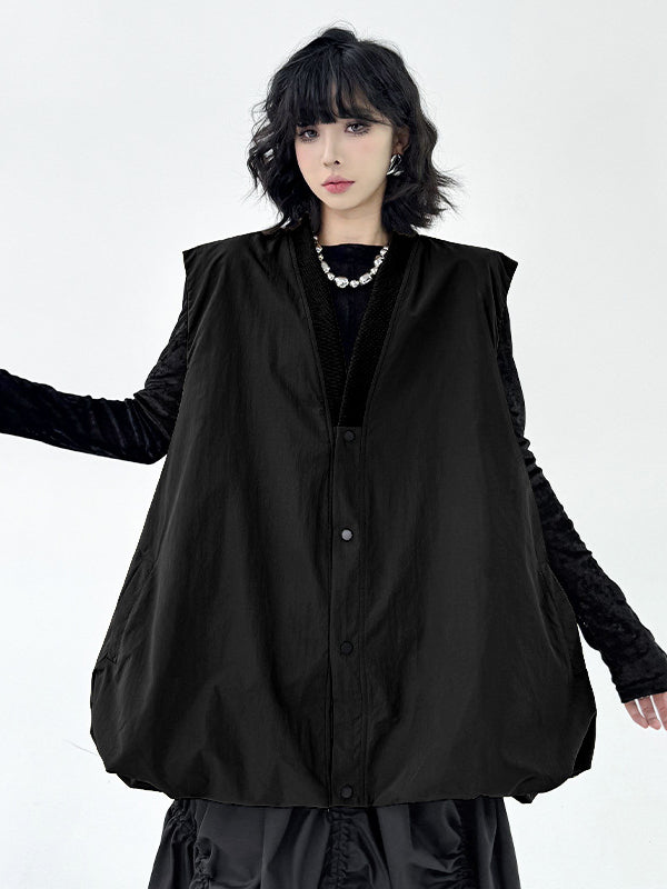 A-Line Hipster Buttoned Solid Color V-Neck Vest Top