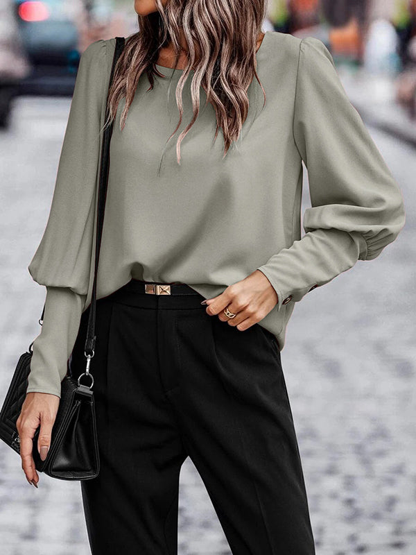 Long Sleeves Loose Buttoned Pleated Solid Color Round-Neck Blouses&Shirts Tops