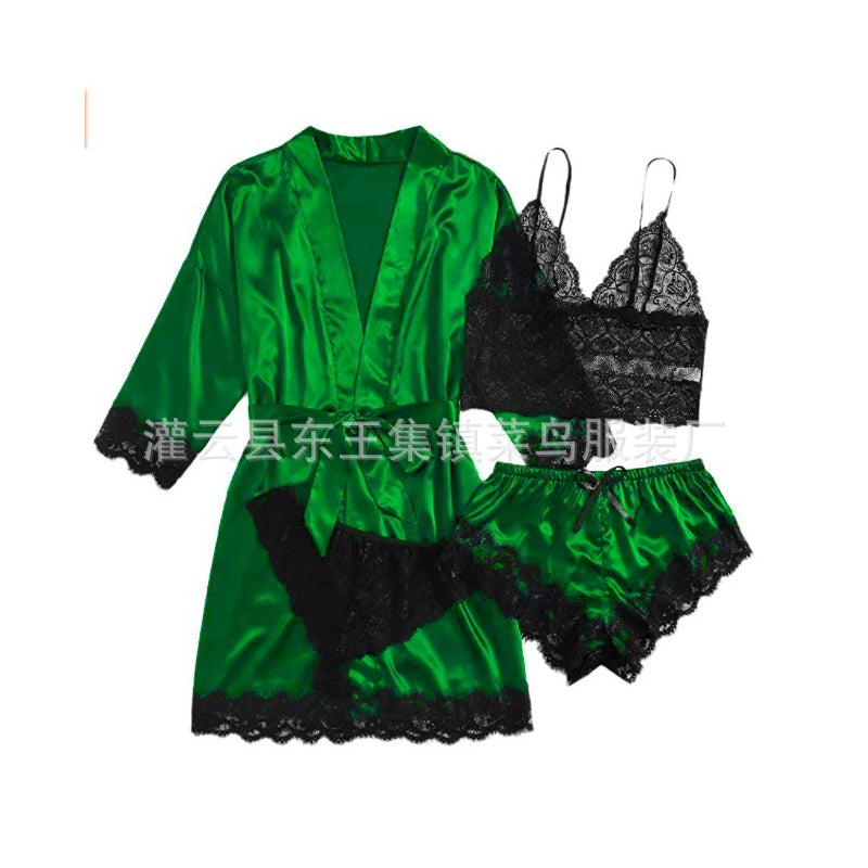 Sexy Women Lace Splicing Straps Long Sleeves Home Pajamas Four-Piece Set