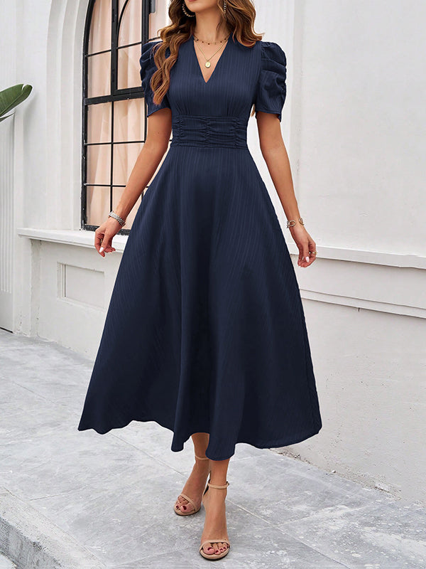 A-Line High Waisted Pleated Solid Color Zipper V-Neck Maxi Dresses