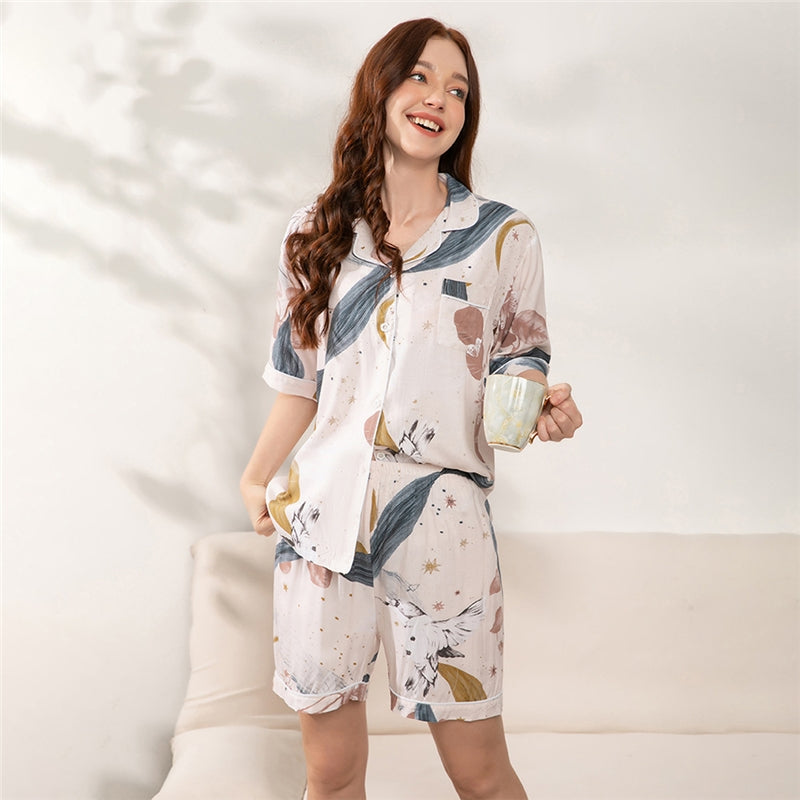 Women Fashion Casual Cotton Printed Short Sleeve Lapel Top Loose Shorts Pajamas Two-Piece Set