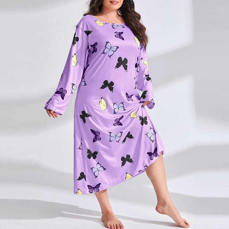 Women Fashion Casual Butterfly Printing Long Sleeve Plus Size Nightgown