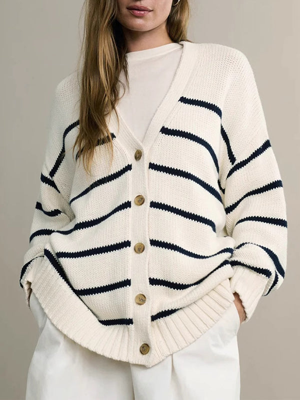 Long Sleeves Loose Split-Joint Striped V-Neck Cardigan Tops