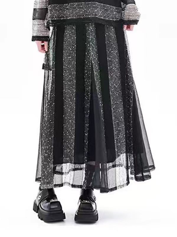 Striped Contrasting Color Elastic Round-Neck  Long-Sleeved See-Through Blouses&Shirts Tops+ Skirt Bottom Two Pieces Set