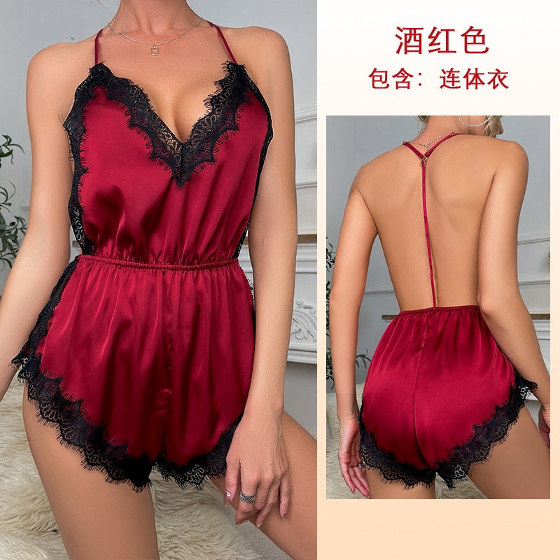 Women Fashion Sexy Deep V Lace Backless Sleepwear