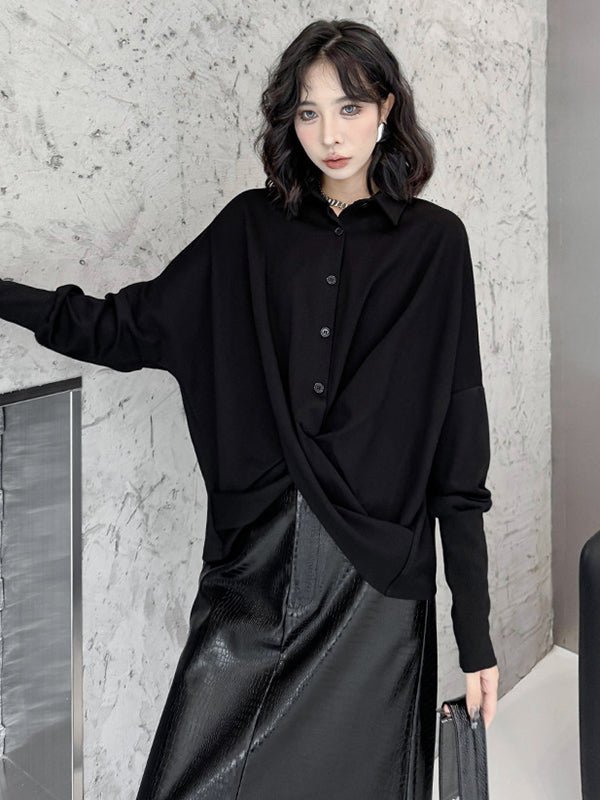 Hipster Irregularity Buttoned Solid Color Twist Lapel Collar Blouses&Shirts Tops
