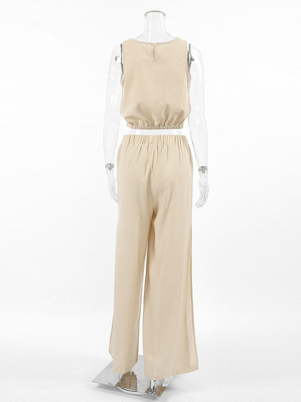 Loose Elasticity Solid Color Split-Joint Round-Neck Vest + High Waisted Split-Side Pants Two Pieces Set