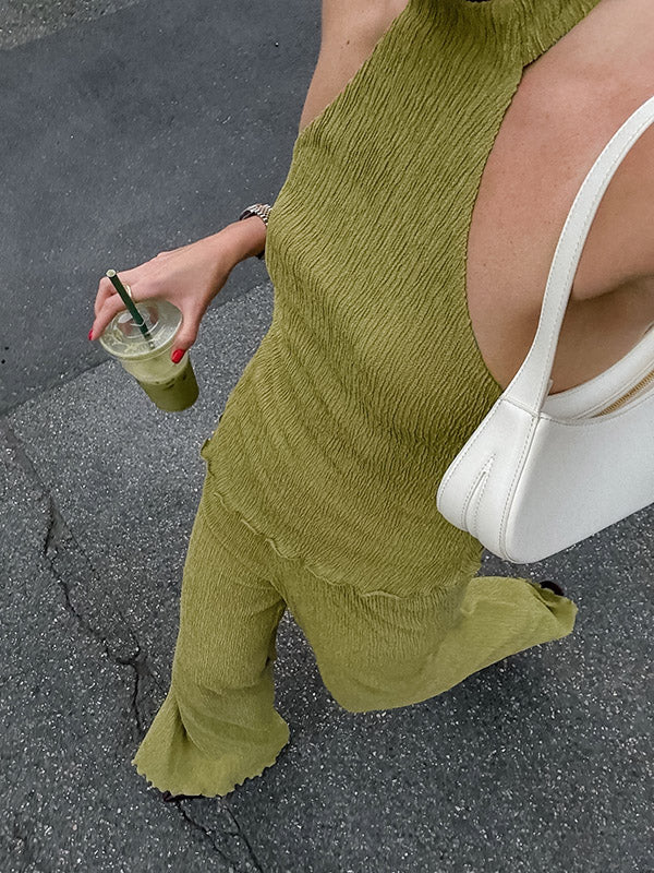 Solid Color Pleated Sleeveless Asymmetric High Neck Vest + Wide Leg Pants Two Pieces Set