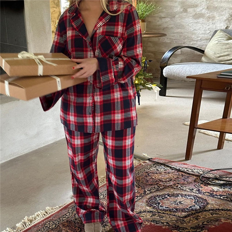 Women Fashion Casual Plaid Printe Lapel Long-Sleeve Blouse Loose Pants Pajamas Two-Piece Set