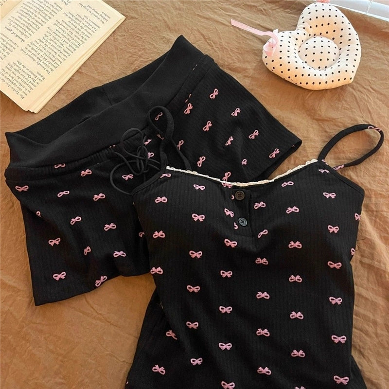 Women Fashion Sexy Bowknot Printed Camisole Slim-Fit Shorts Pajamas Two-Piece Set