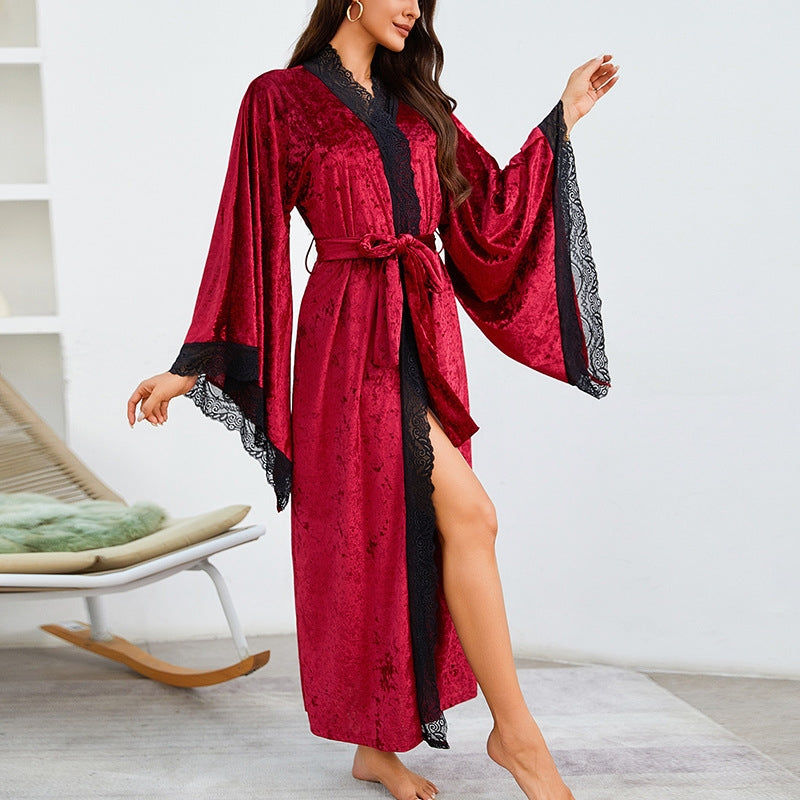 Women Fashion Sexy Lace V-Neck Lace Long Sleeve Velvet Nightgown