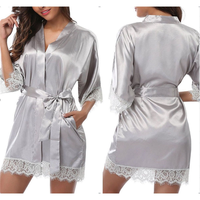 Women Fashion Sexy Solid Color Ice Silk Lace Splicing Lace-Up Pajamas