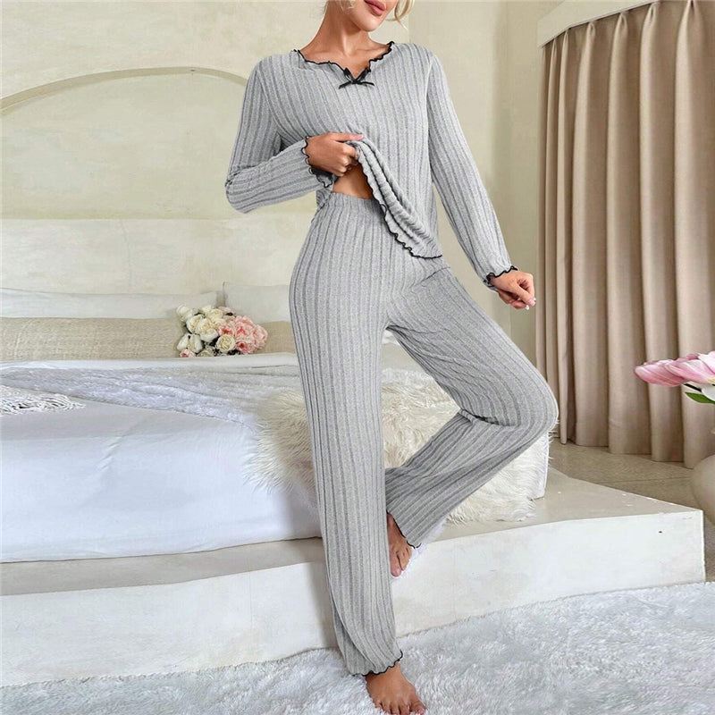 Women Casual Solid Color Wood-Ear Pajamas Longewear Two-Piece Set