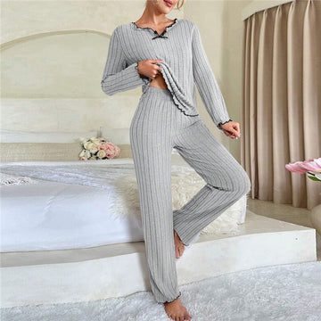 Women Casual Solid Color Wood-Ear Pajamas Longewear Two-Piece Set