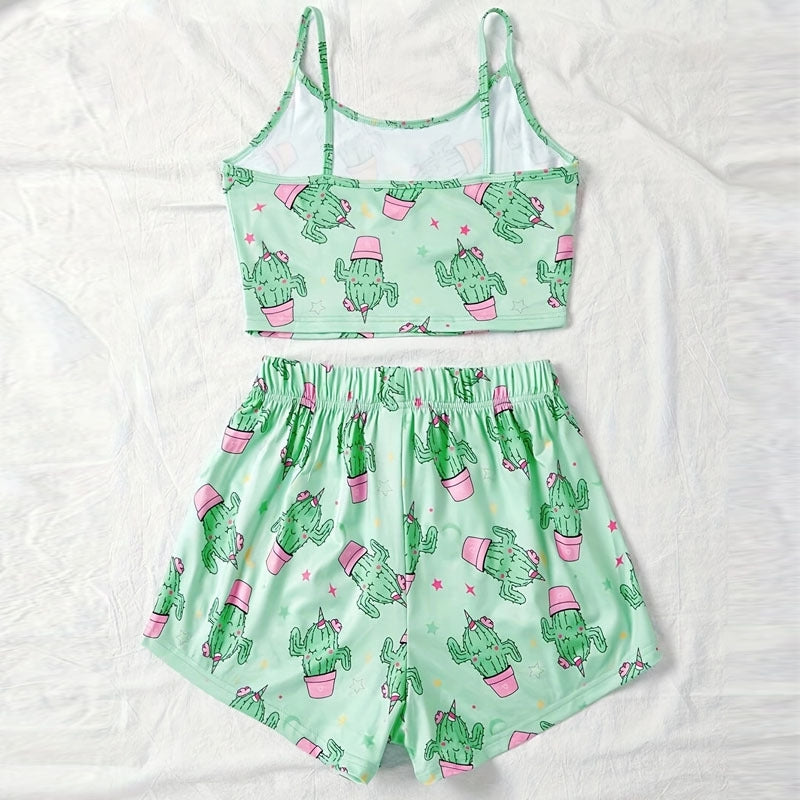 Women Fashion Cactus Print Pajamas Two-Piece Set