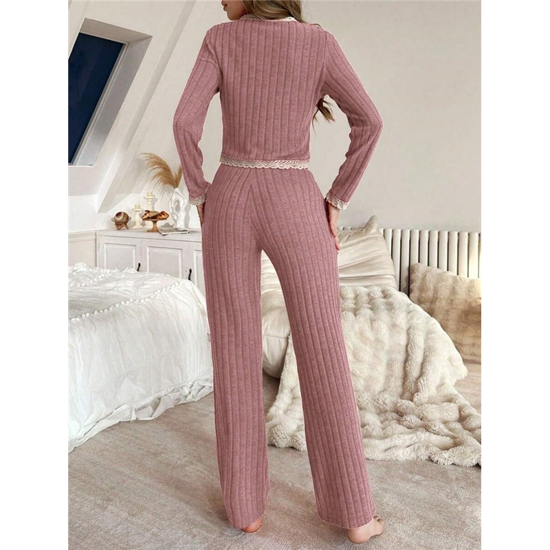 Women Fashion Autumn And Winter Lace Stitching V-Neck Long-Sleeve Top Loose Pants Pajamas Two-Piece Set