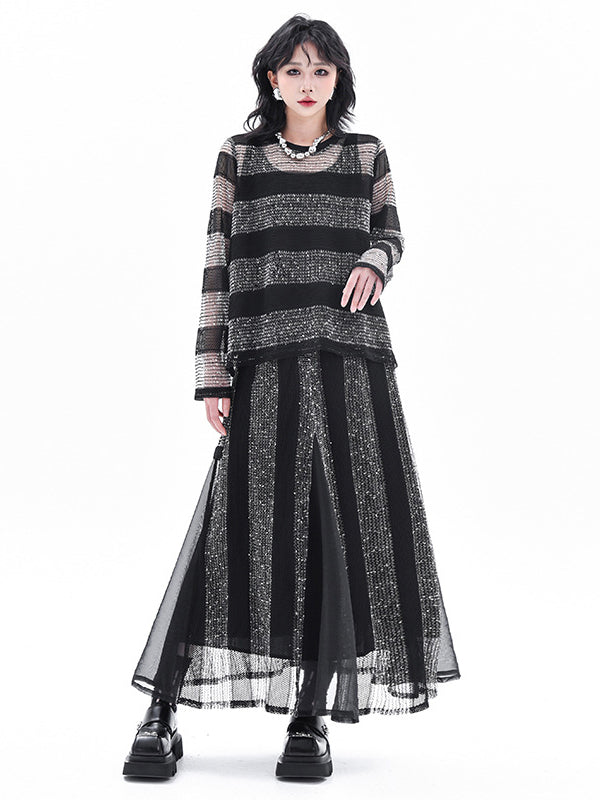 Striped Contrasting Color Elastic Round-Neck  Long-Sleeved See-Through Blouses&Shirts Tops+ Skirt Bottom Two Pieces Set