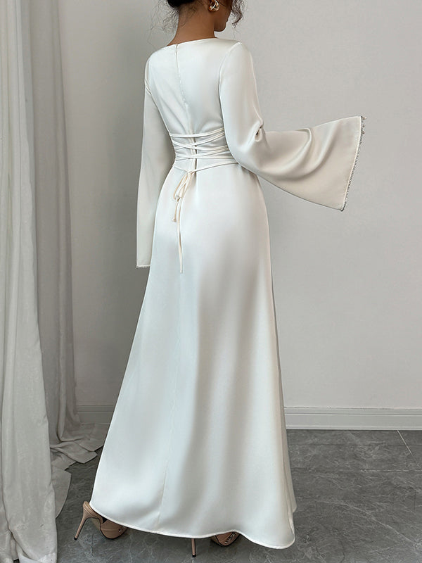 A-Line Flared Sleeves Solid Color Tied Zipper Round-Neck Maxi Dresses