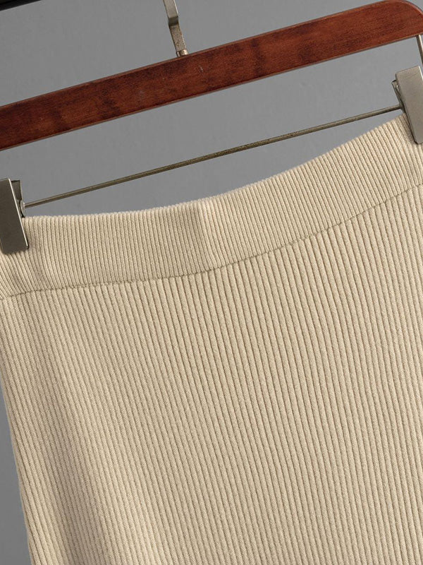 Loose Puff Sleeves Hollow Solid Color Sweater + Elasticity Skirt Two Pieces Set