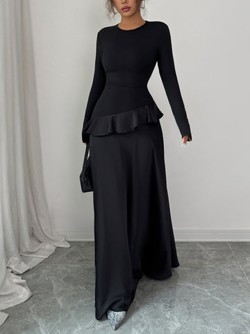 A-Line High Waisted Ruffle Trim Solid Color Split-Joint Round-Neck Maxi Dresses