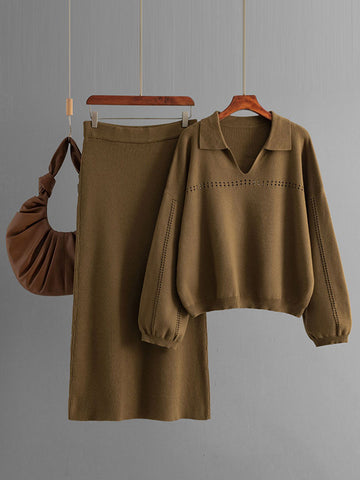 Loose Puff Sleeves Hollow Solid Color Sweater + Elasticity Skirt Two Pieces Set