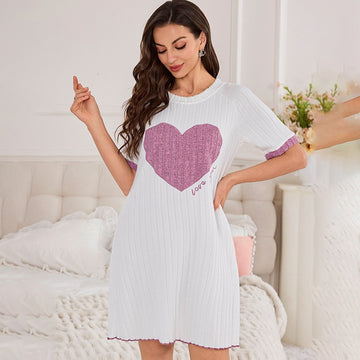 Women Fashion Casual Autumn Love Printed Round Neck Short-Sleeve Dress Pajamas