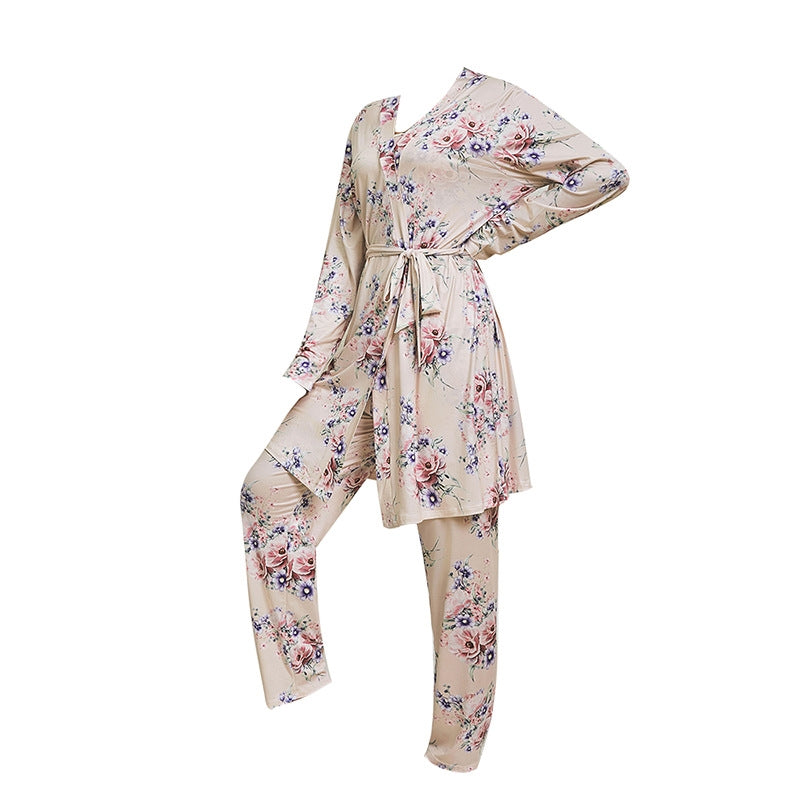 Women Fashion Casual Printed Camisole Loose Pants Long-Sleeve Coat Pajamas Three-Piece Set