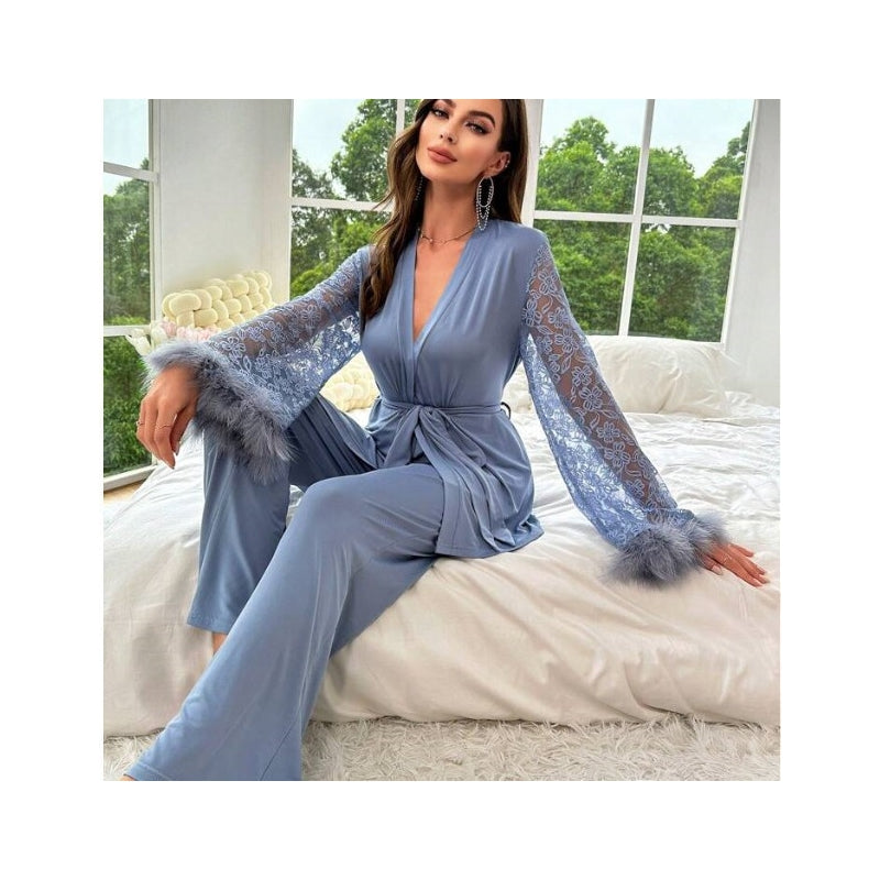 Women Fashion Elegant Stitching Lace V-Neck Long-Sleeve Lace-Up Top Loose Pants Pajamas Set