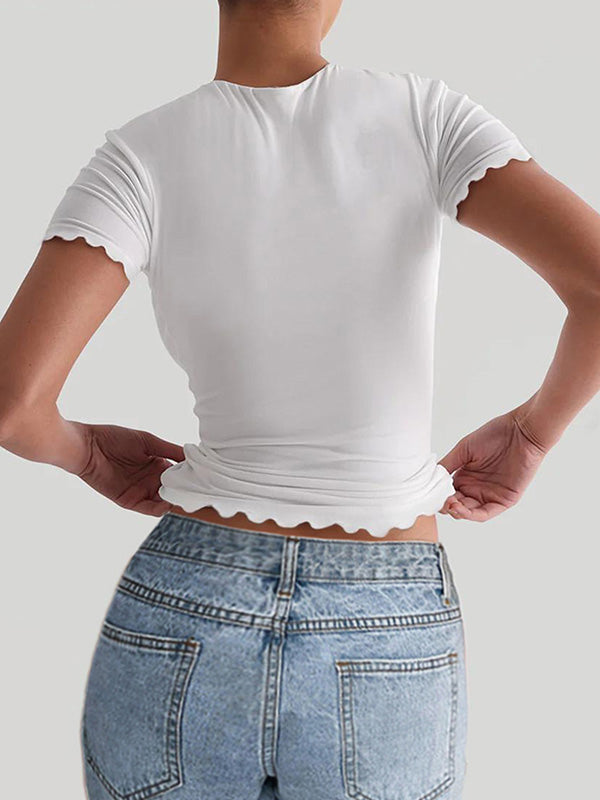 Short Sleeves Skinny Solid Color Round-Neck T-Shirts Tops