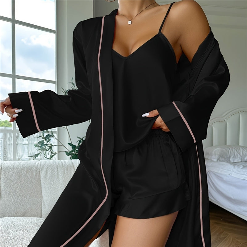 Women Fashion Sexy Ice Silk Camisole Loose Shorts Long-Sleeve Lace-Up Coat Pajamas Three-Piece Set